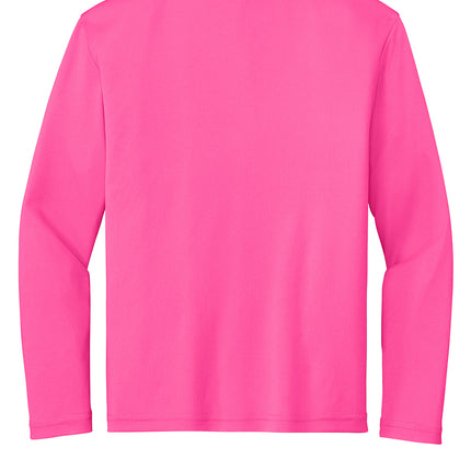 Sport-Tek Youth Long Sleeve PosiCharge Competitor Tee back view — Neonpink back ready for player number and team logo.