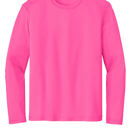 Sport-Tek Youth Long Sleeve PosiCharge Competitor Tee front view — Neonpink team color, breathable polyester, personalization available.