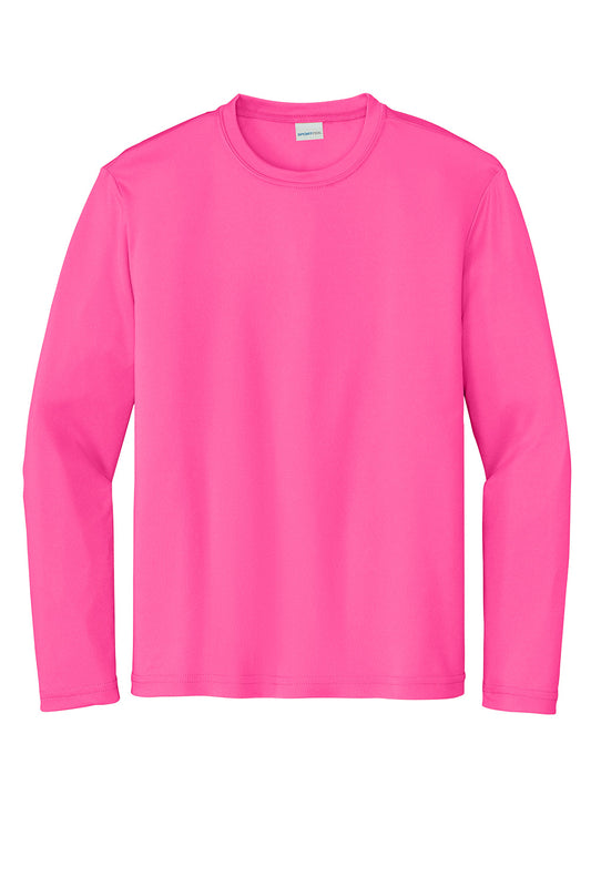 Youth Sport-Tek® PosiCharge® Competitor™ long sleeve polo in neon pink, with a flat front design for teens.