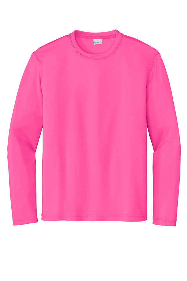 Sport-Tek Youth Long Sleeve PosiCharge Competitor Tee front view — Neonpink team color, breathable polyester, personalization available.