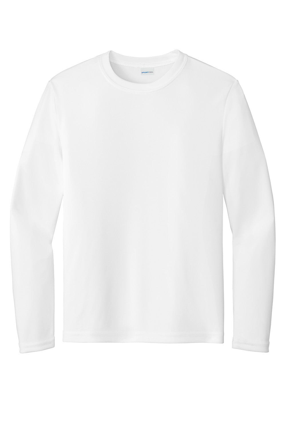White Sport-Tek® Youth Long Sleeve PosiCharge® Competitor™ Tee for teens, shown flat front view, ideal for sports and casual wear.