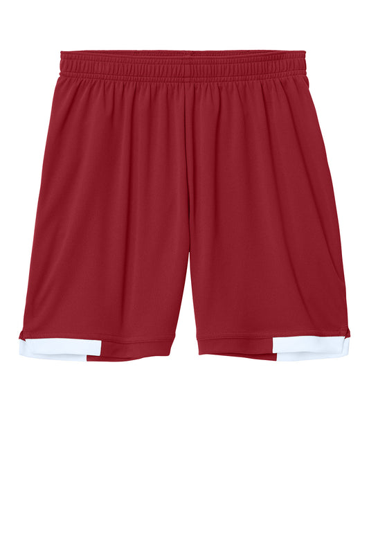 Youth Sport-Tek® Club 5-inch athletic shorts in deep red with white accents, flat front design, by Print-View.