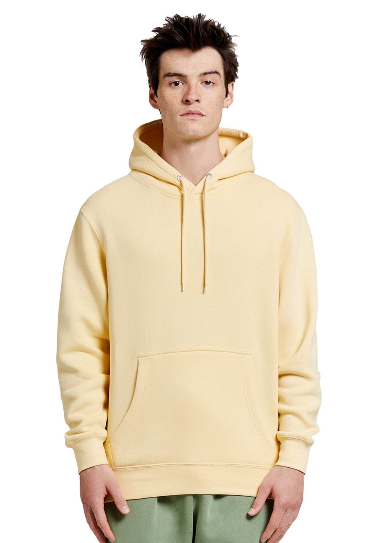 Yellow Lane 7 unisex plain premium hoodie with print view, showcasing the front design and customizable options.