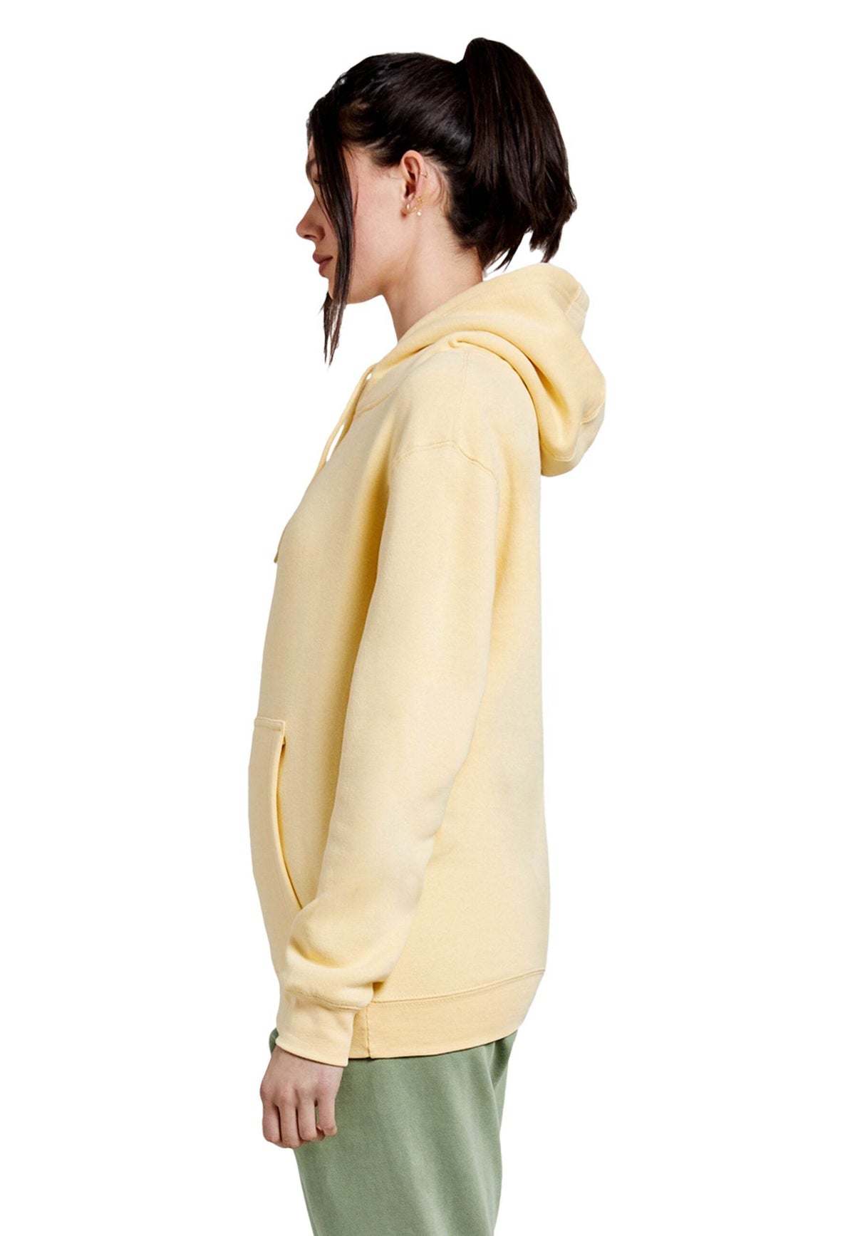 Yellow Lane 7 unisex plain premium hoodie with front print view, showcasing a comfortable pullover design.