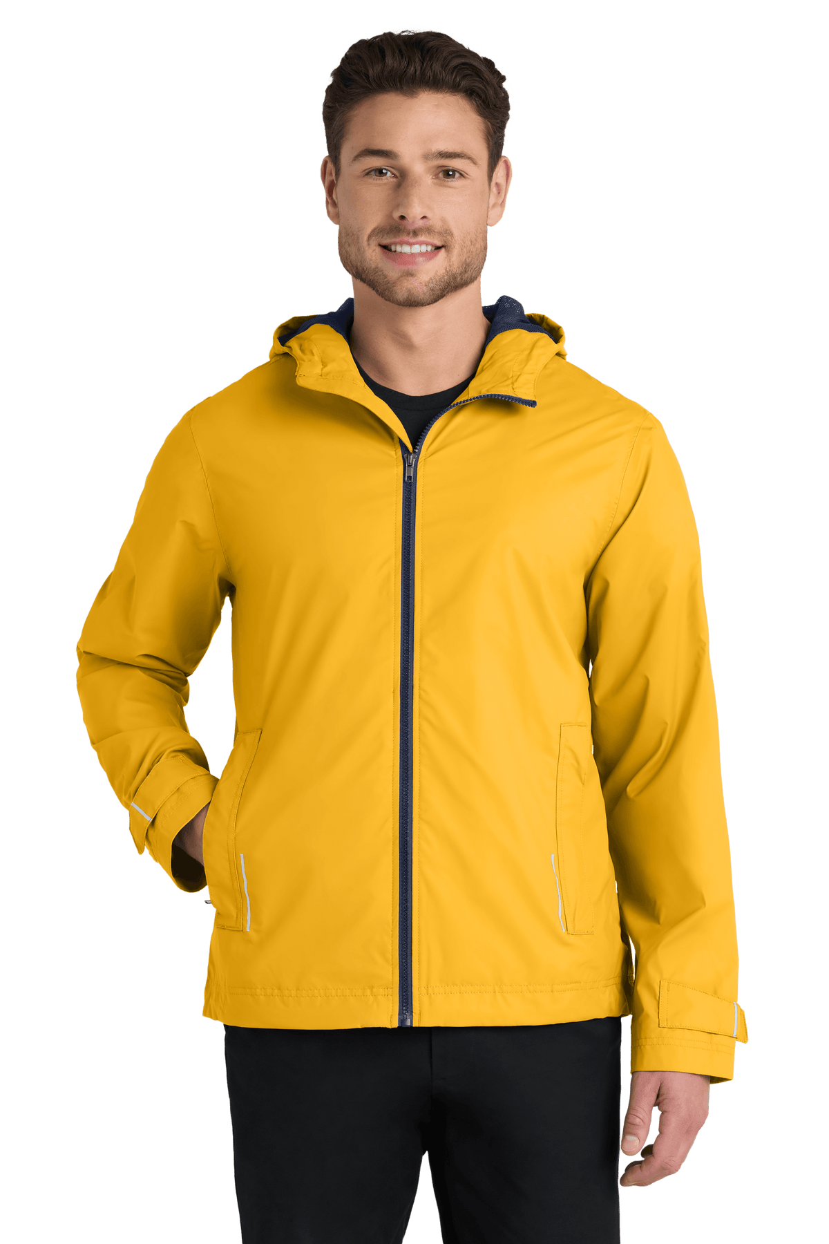 Yellow Port Authority waterproof rain jacket with printed design, showcasing a customizable and plain option for rain protection.