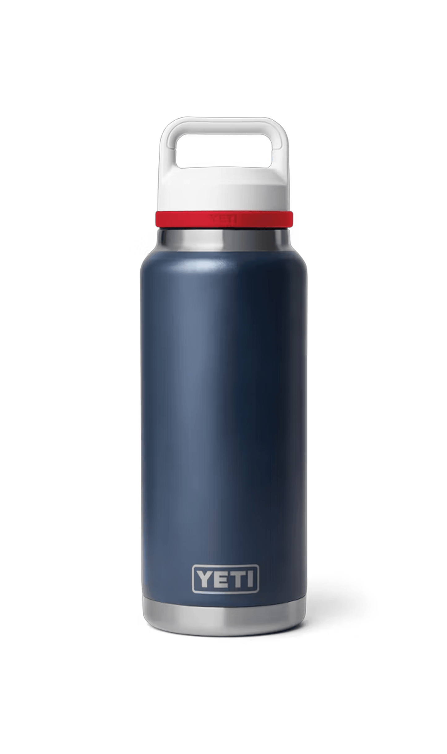 Yeti water bottle in navy, red, and white with custom or plain print view, featuring durable stainless steel construction.