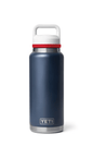 Yeti water bottle in navy, red, and white with custom or plain print view, featuring durable stainless steel construction.