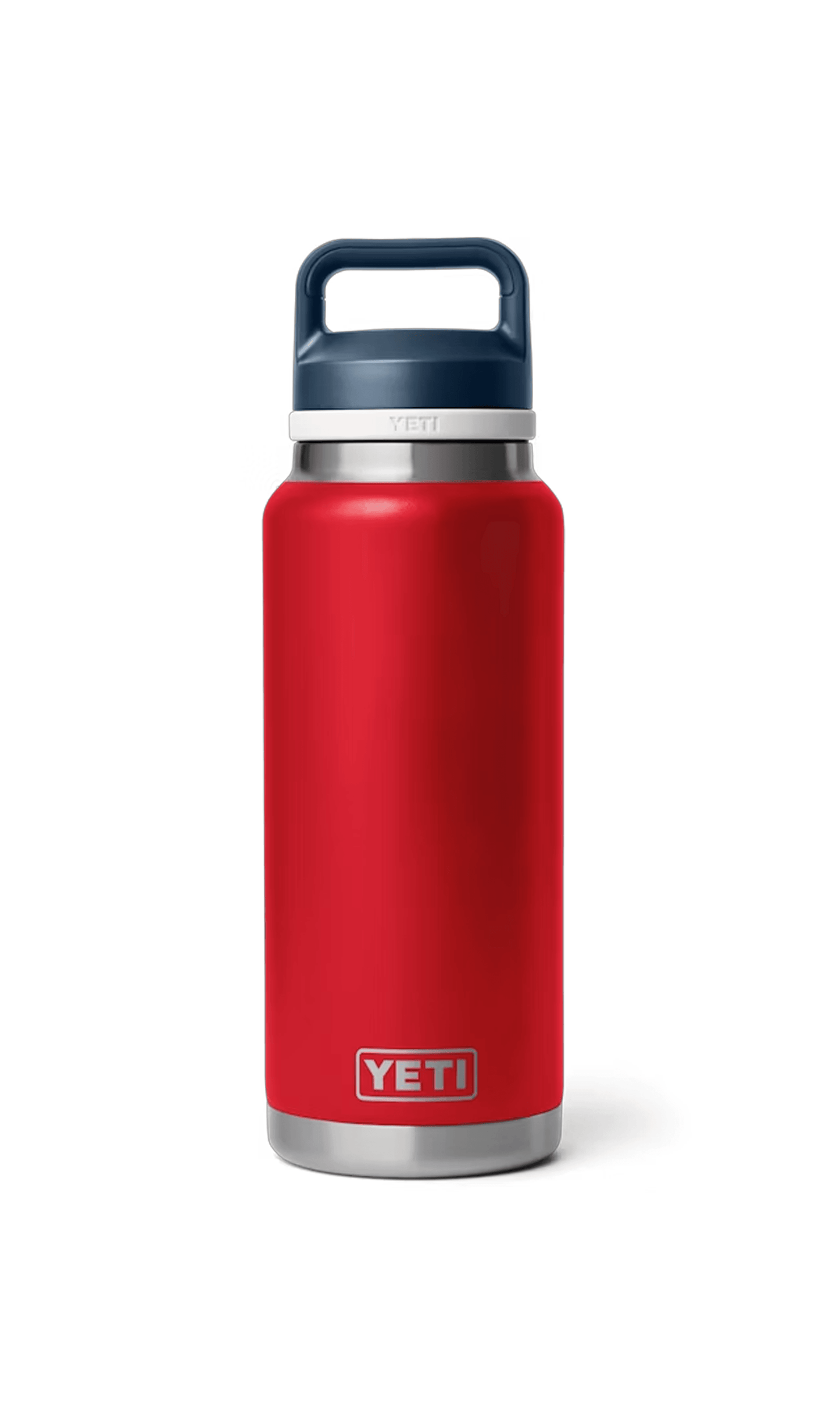 Red, white, and navy Yeti water bottle displayed in print view, customizable or plain, showcasing durable design and branding.