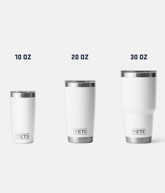 Yeti tumbler at print view, showing plain and customized options, with stainless steel body and spill-resistant lid.