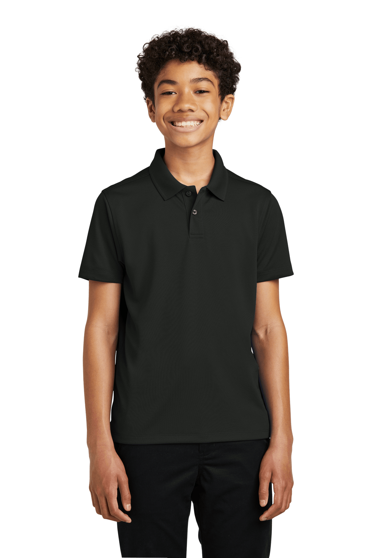 Youth Port Authority kids' polo shirt featuring a back print, available for customization or plain style.