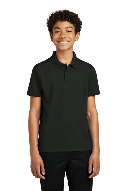 Youth Port Authority kids' polo shirt featuring a back print, available for customization or plain style.
