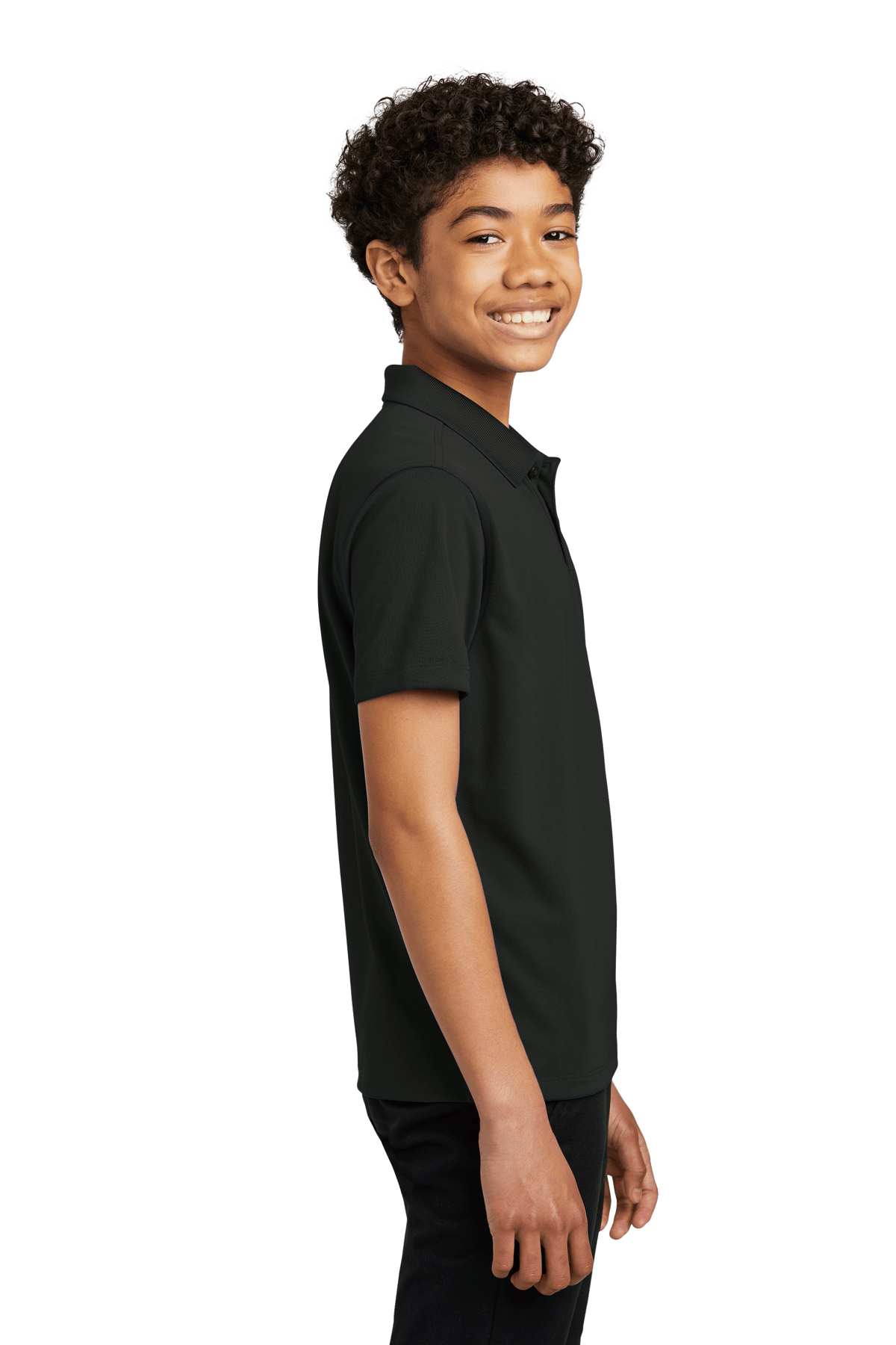 Youth Port Authority kids' polo shirt with back print, shown in side view, available plain or customizable for kids.