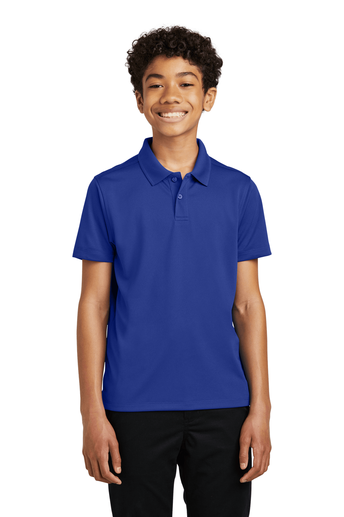 Youth Port Authority kids' blue polo shirt with print design, customizable and available in plain style.