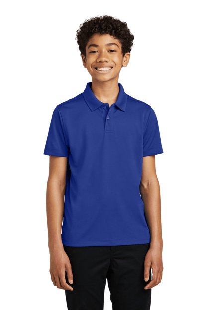 Youth Port Authority kids' blue polo shirt with print design, customizable and available in plain style.