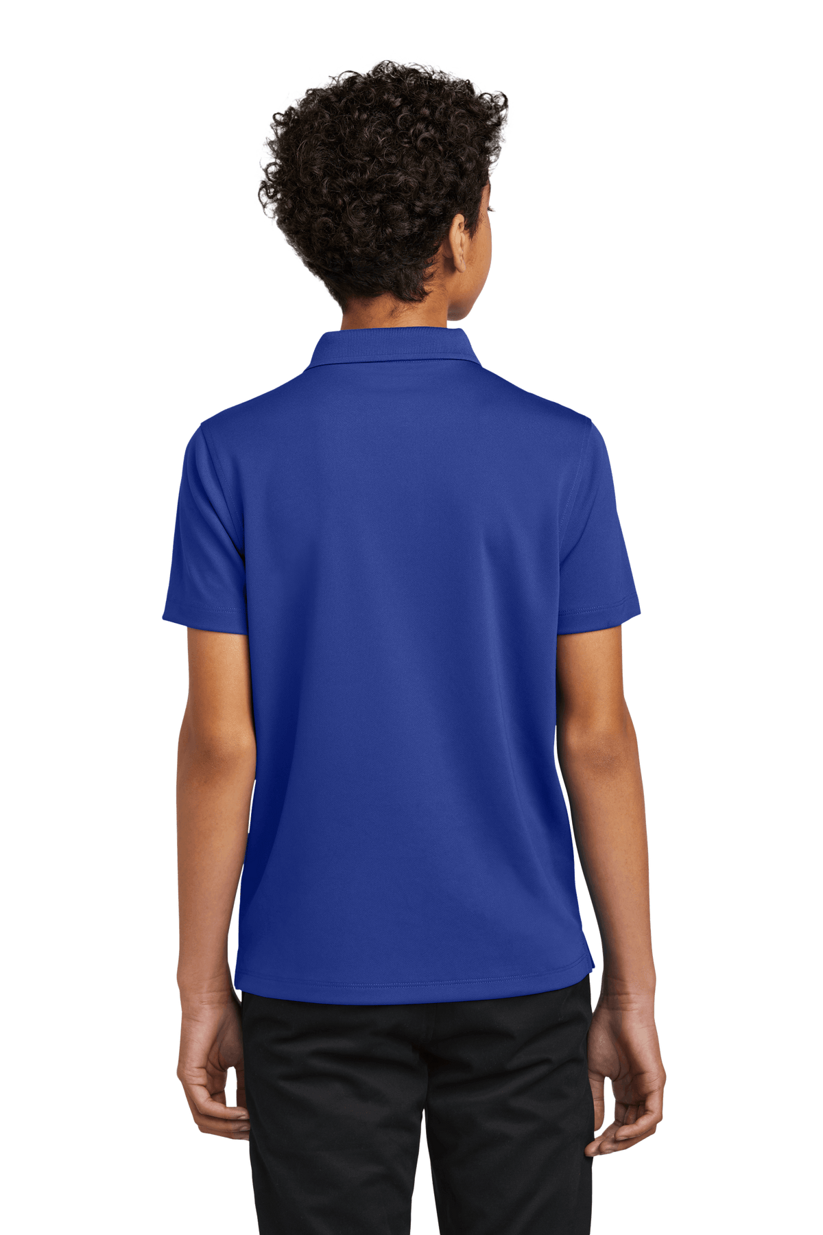 Youth Port Authority blue polo shirt with printed design, shown from the back, available for customization or plain purchase.