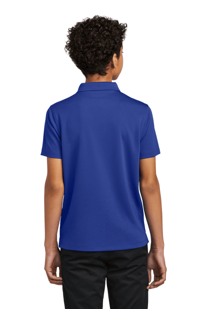 Youth Port Authority blue polo shirt with printed design, shown from the back, available for customization or plain purchase.