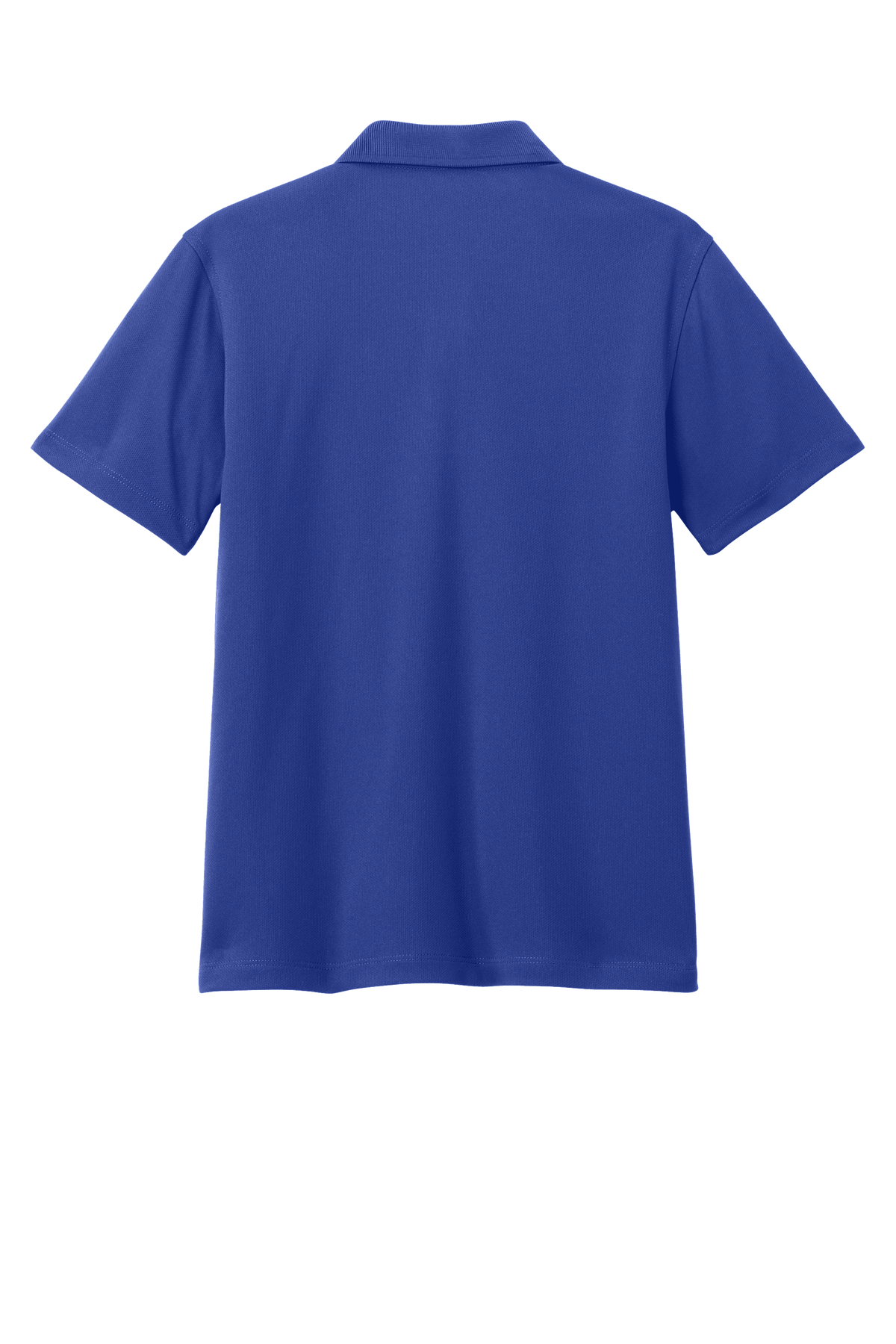 Youth Port Authority kids' polo shirt in blue with print design, shown from the back, customizable with plain or printed options.