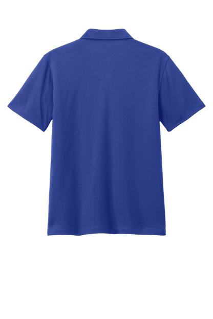 Youth Port Authority kids' polo shirt in blue with print design, shown from the back, customizable with plain or printed options.