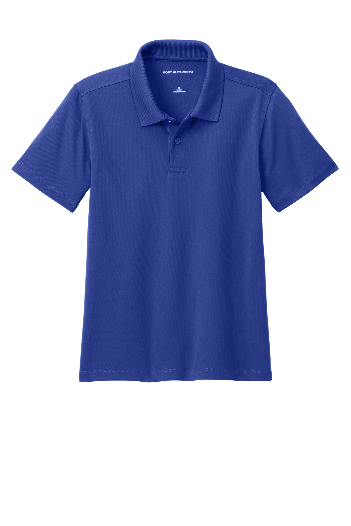 Youth Port Authority kids' polo shirt in blue with print design, available for customization or plain, front view.