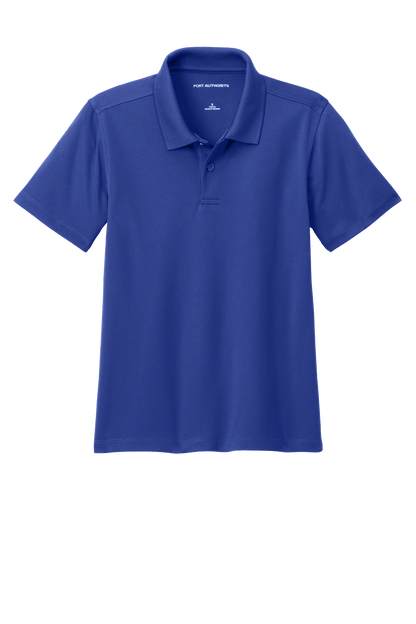 Youth Port Authority kids' polo shirt in blue with print design, available for customization or plain, front view.