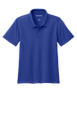 Youth Port Authority kids' polo shirt in blue with print design, available for customization or plain, front view.