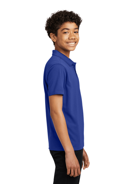 Blue youth kids' Polo shirt by Port Authority with print design, available plain or customizable, shown from the front view.