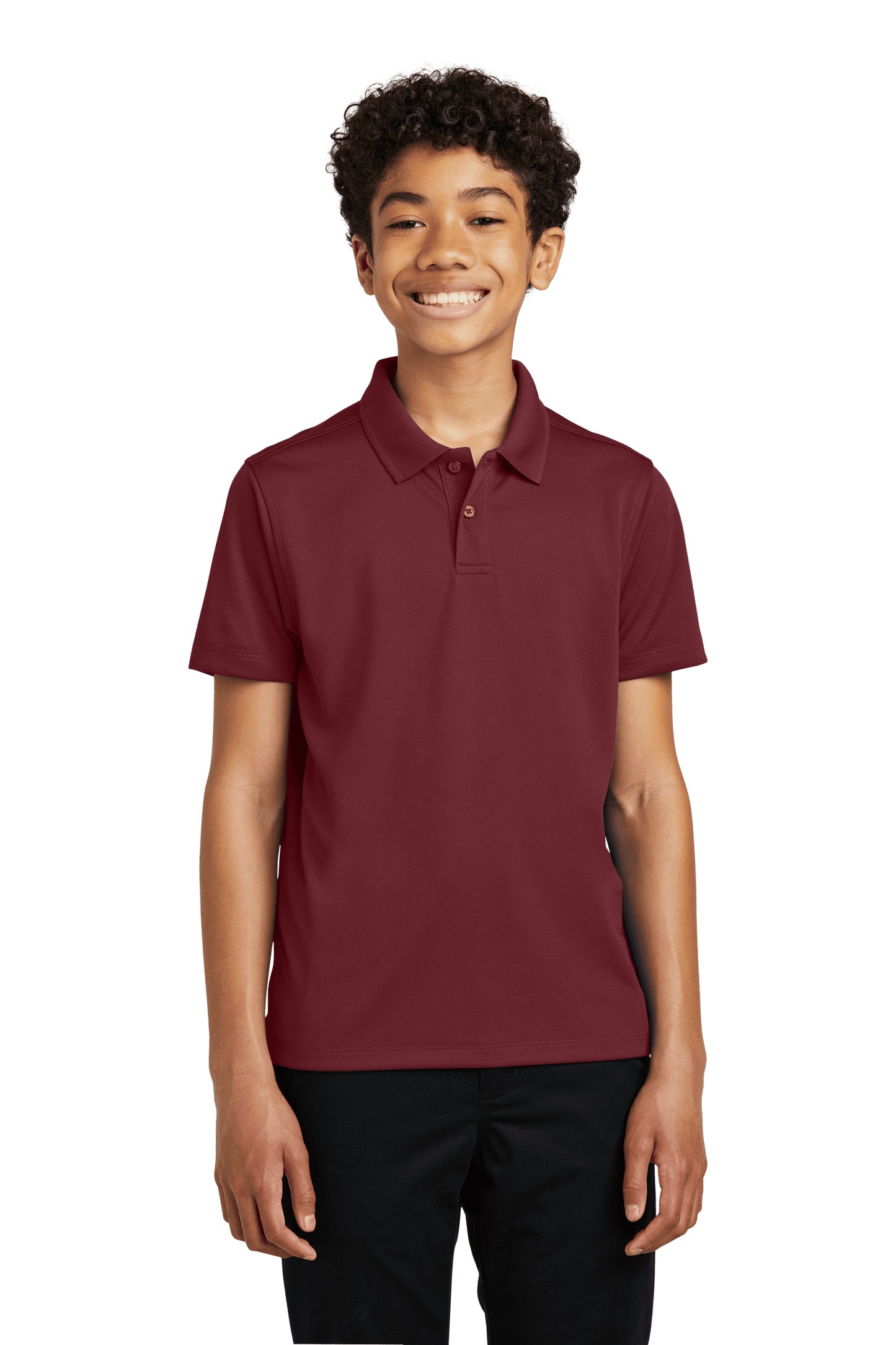 Youth Port Authority kids' burgundy polo shirt with print design, shown plain and customizable for personalized options.