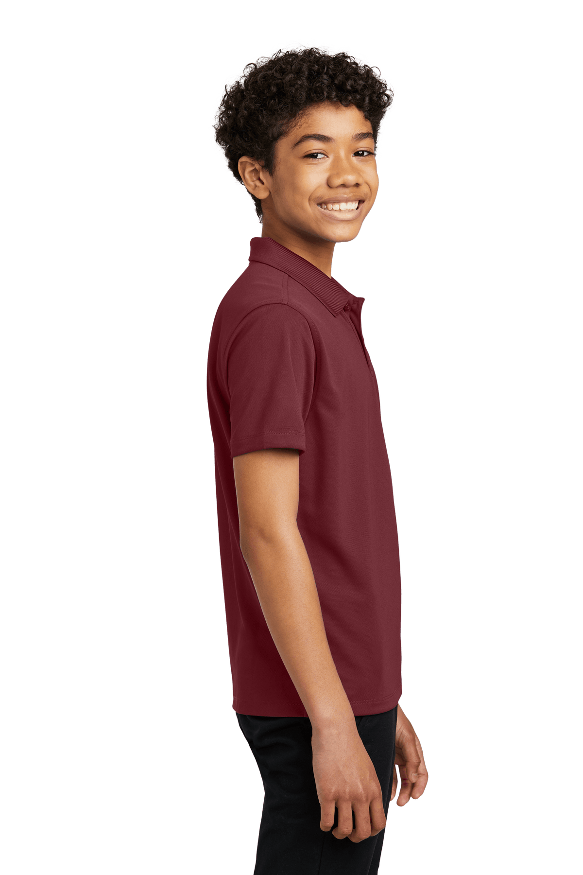 Youth Port Authority kids' burgundy polo shirt with printed design, shown from side view, available plain or customizable.