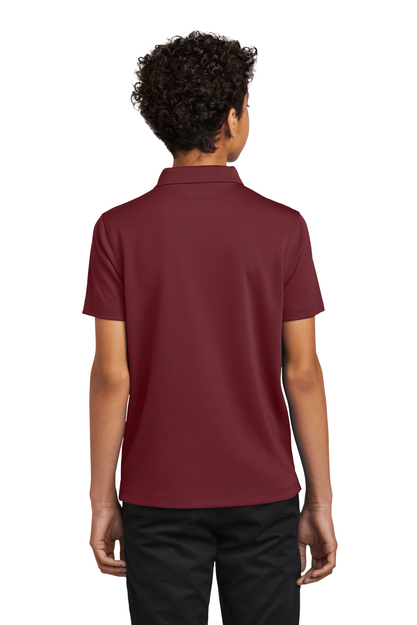 Youth Port Authority kids' burgundy polo shirt with printed design, shown from the back in a customizable style.