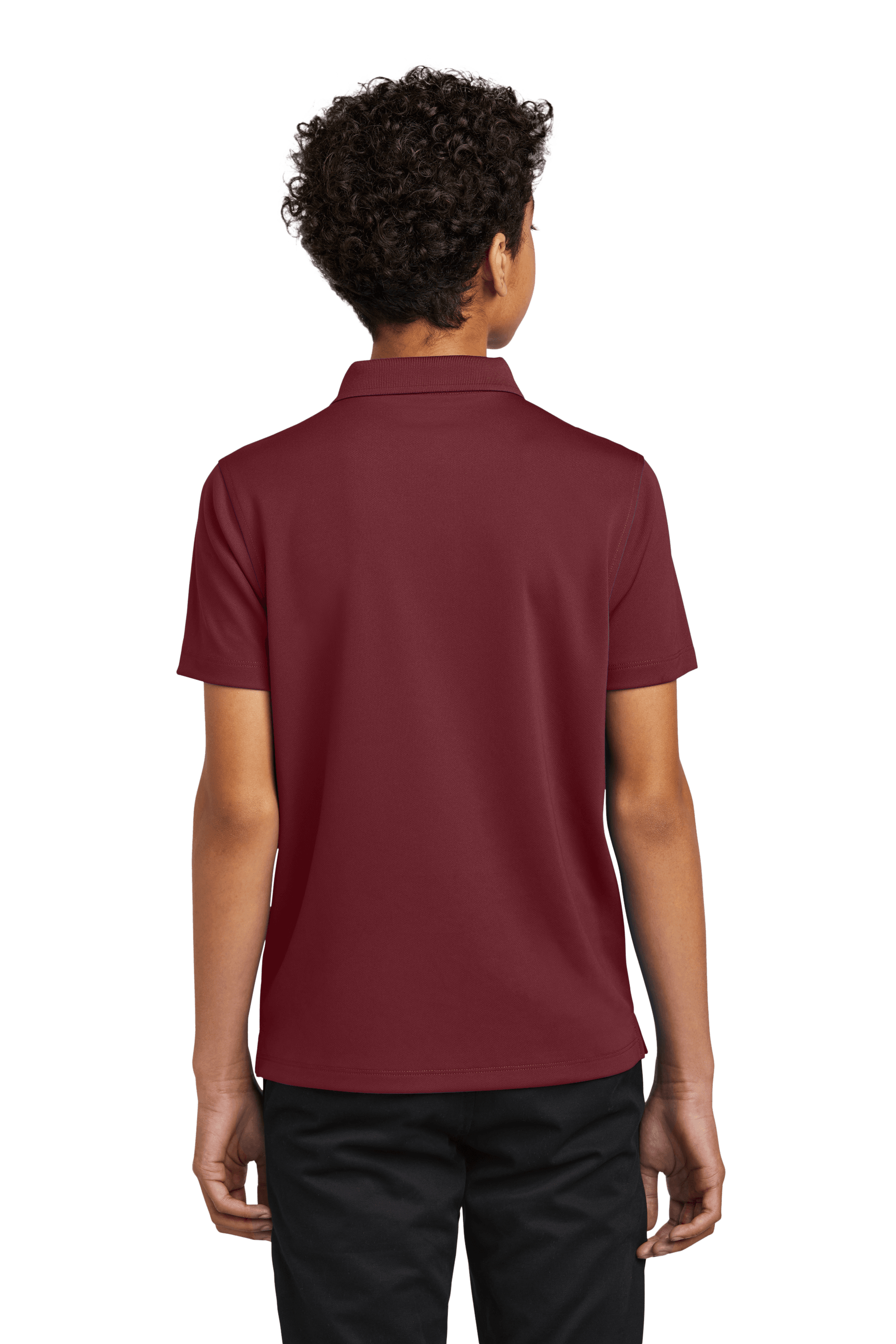 Youth Port Authority kids' burgundy polo shirt with printed design, shown from the back in a customizable style.