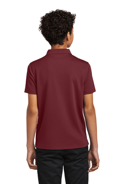 Youth Port Authority kids' burgundy polo shirt with printed design, shown from the back in a customizable style.