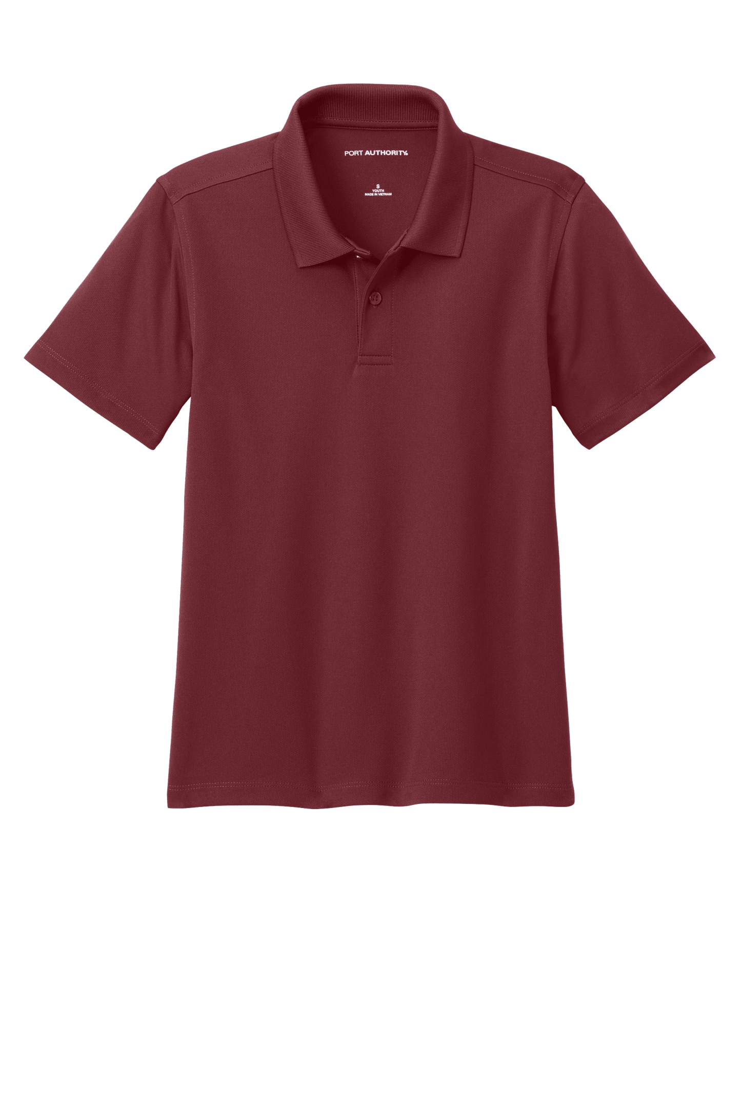 Youth Port Authority kids' burgundy polo shirt with colorful print, shown plain and customizable on the front.