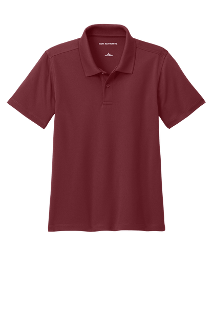 Youth Port Authority kids' burgundy polo shirt with colorful print, shown plain and customizable on the front.