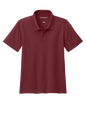 Youth Port Authority kids' burgundy polo shirt with colorful print, shown plain and customizable on the front.
