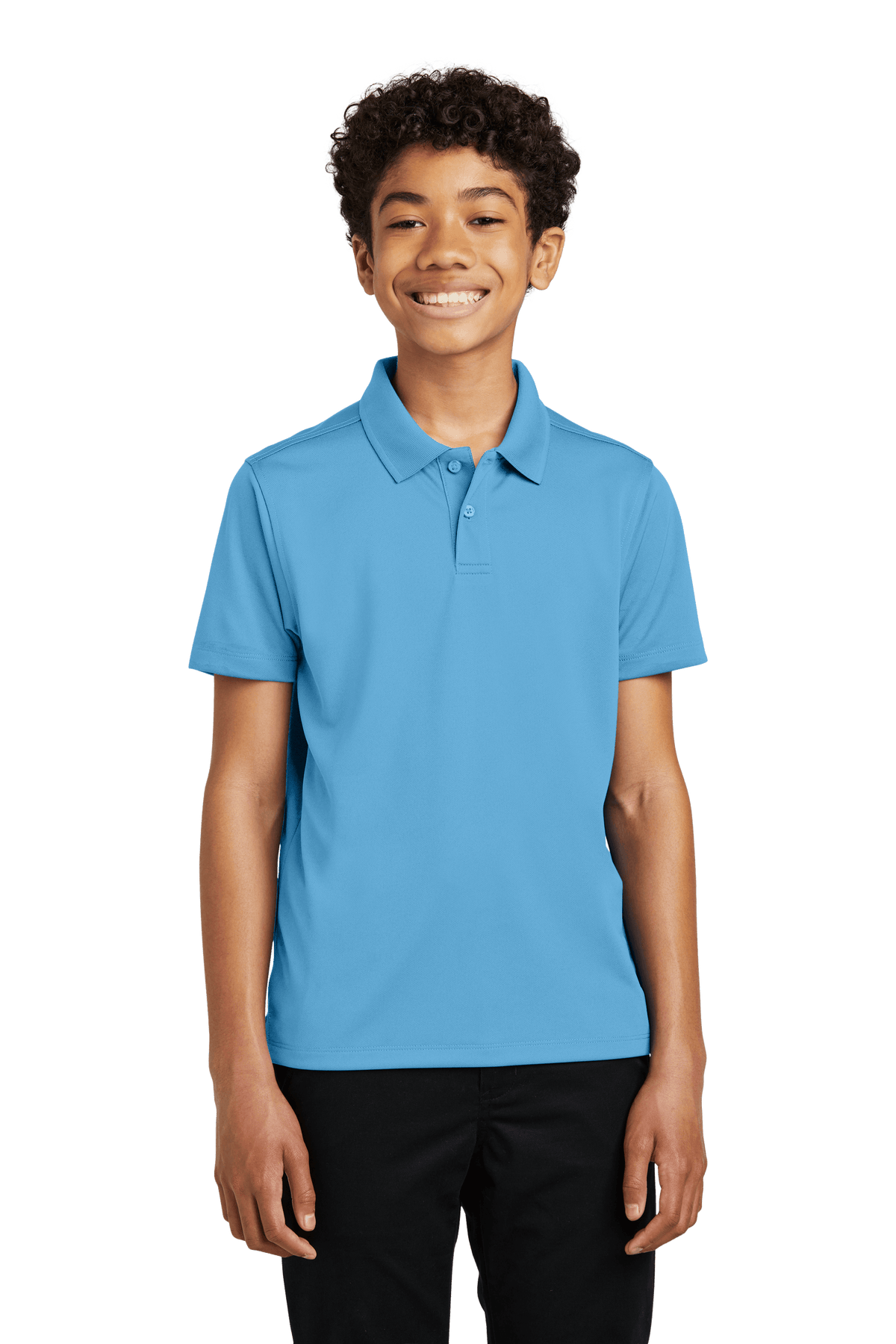 Youth Port Authority kids' polo shirt in Carolina blue with printed design, available plain or customizable.