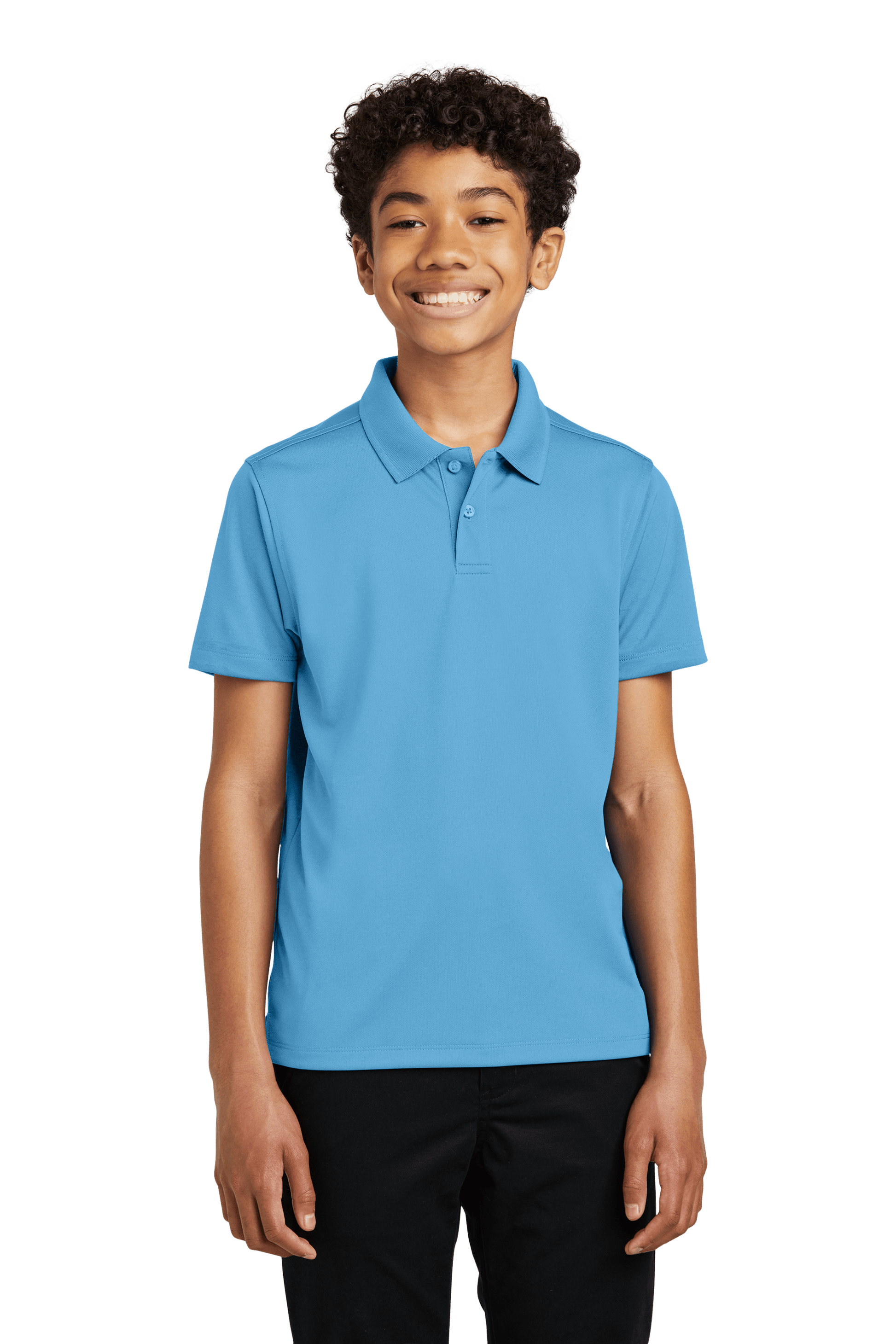Youth Port Authority kids' polo shirt in Carolina blue with printed design, available plain or customizable.