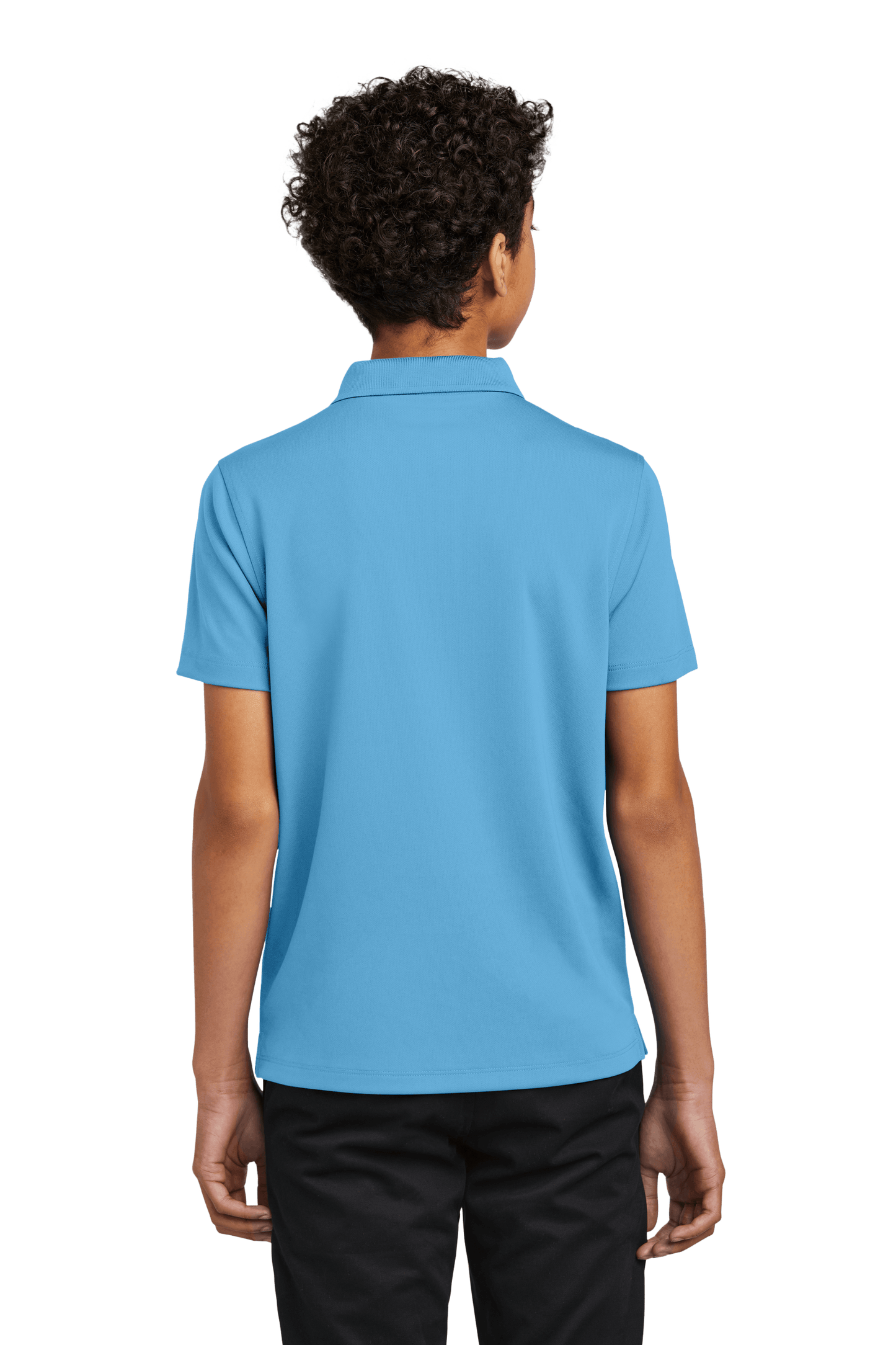 Youth Port Authority kids' polo shirt in Carolina blue with print view, available plain or customizable, front and back view.