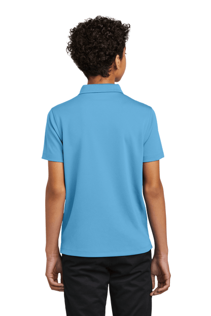 Youth Port Authority kids' polo shirt in Carolina blue with print view, available plain or customizable, front and back view.