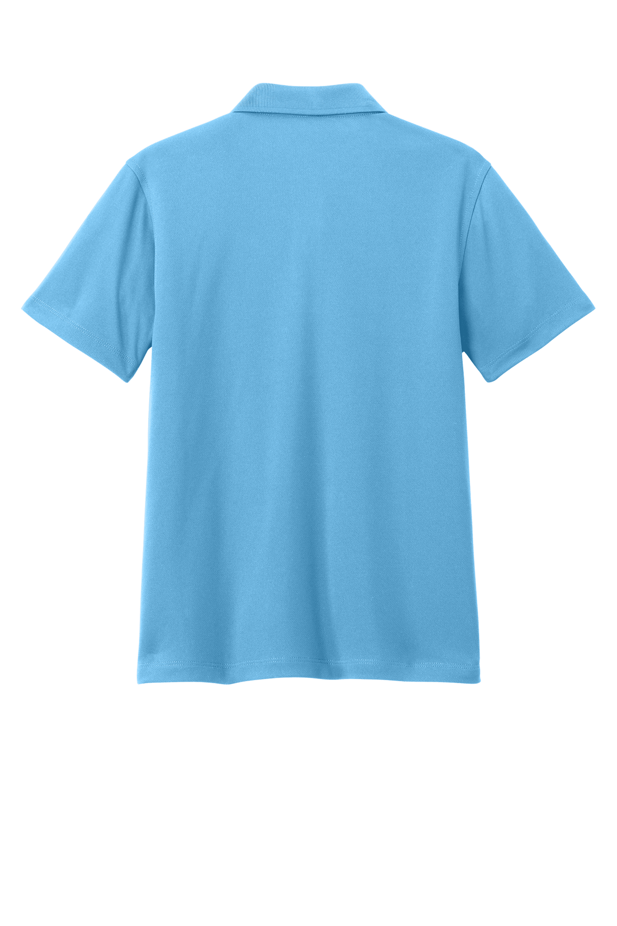 Youth Port Authority polo shirt in Carolina blue with print design, available plain or customized, shown from the back.