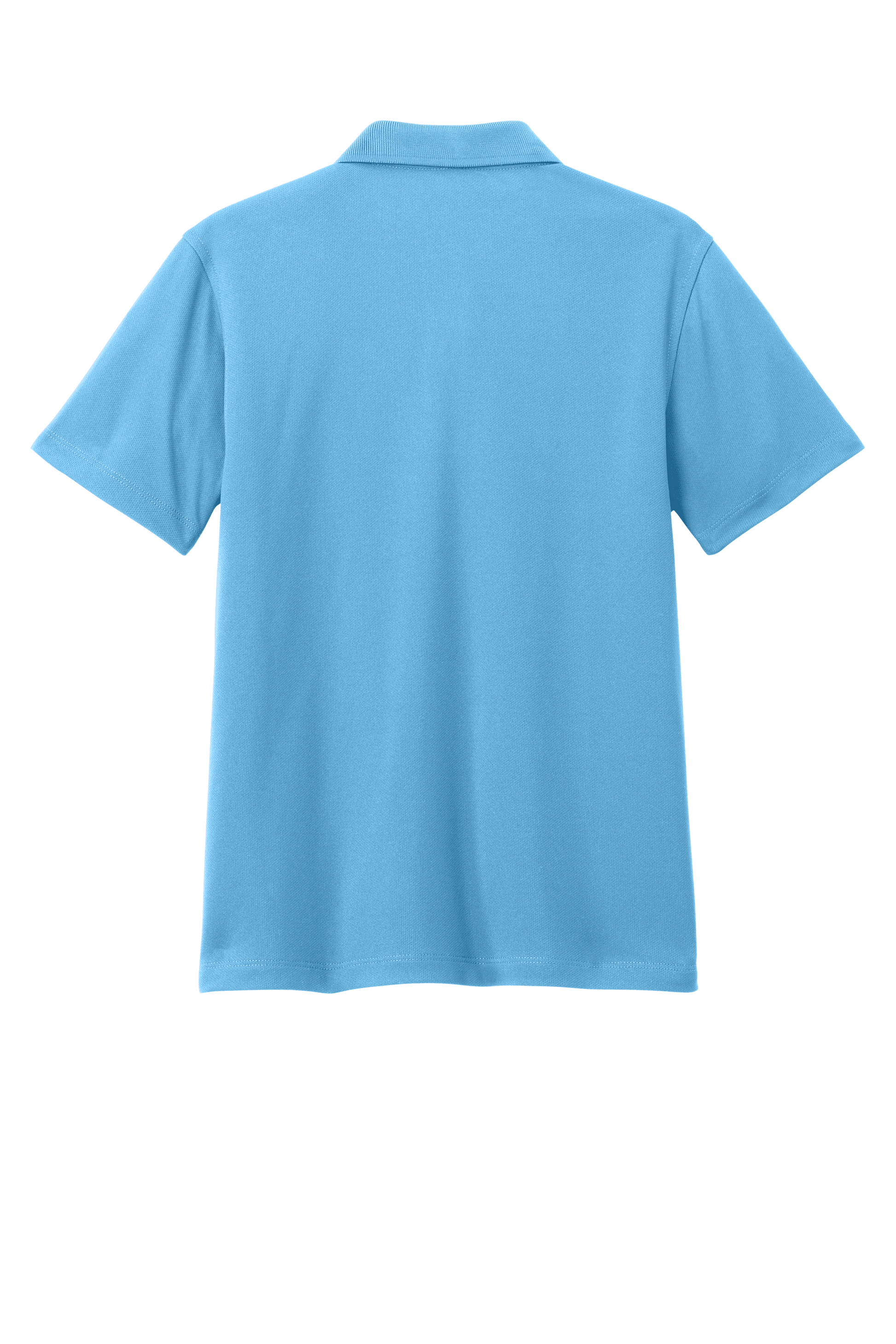 Youth Port Authority polo shirt in Carolina blue with print design, available plain or customized, shown from the back.