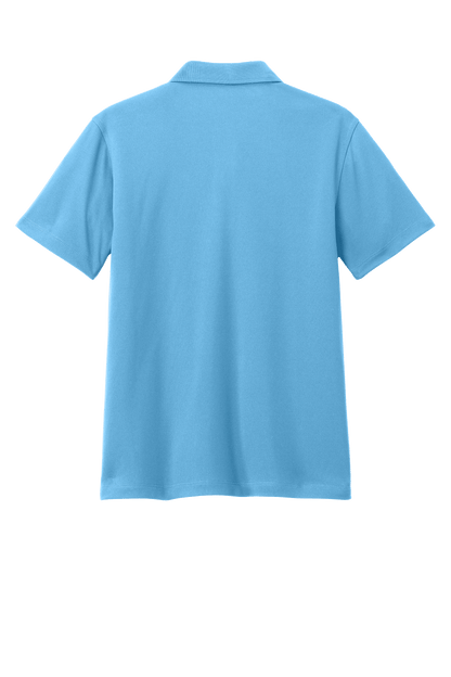 Youth Port Authority polo shirt in Carolina blue with print design, available plain or customized, shown from the back.