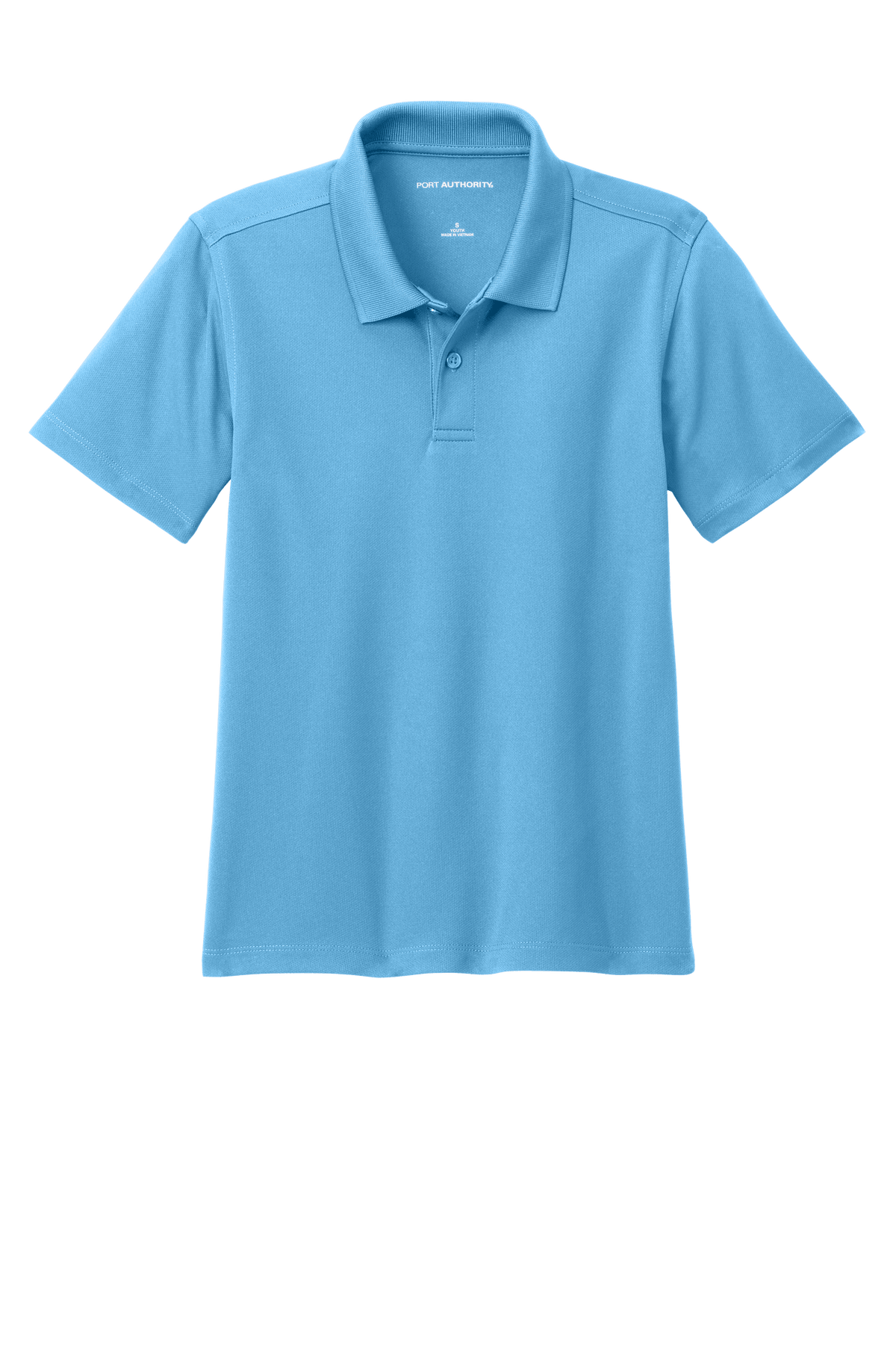 Youth Port Authority kids' polo shirt in Carolina blue with print design, available plain or customizable, front view.