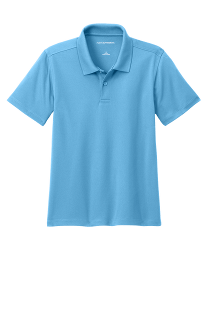 Youth Port Authority kids' polo shirt in Carolina blue with print design, available plain or customizable, front view.