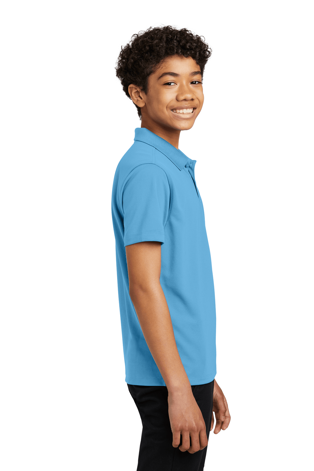 Youth Port Authority kids' polo shirt in Carolina blue with printed design, available plain or customizable, shown from the print view.
