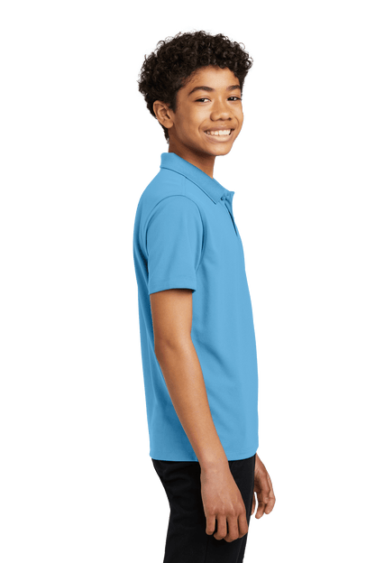 Youth Port Authority kids' polo shirt in Carolina blue with printed design, available plain or customizable, shown from the print view.