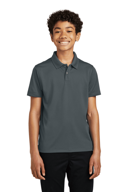 Charcoal grey kids' polo shirt by Port Authority with printed design, available plain or customizable, shown in print view.