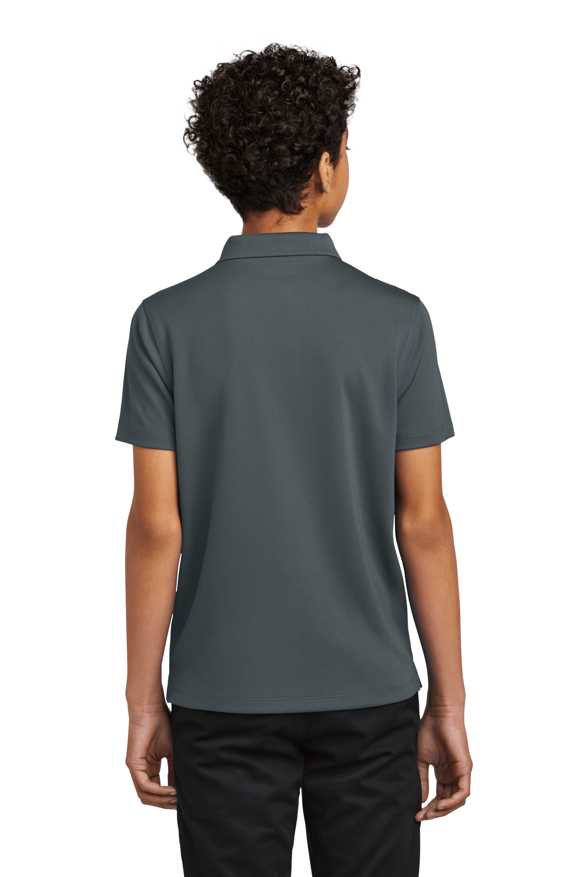 Charcoal grey Port Authority kid's polo shirt with printed design, shown from the back for customization and plain options.