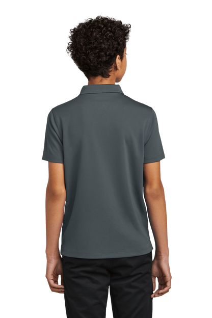 Charcoal grey Port Authority kid's polo shirt with printed design, shown from the back for customization and plain options.