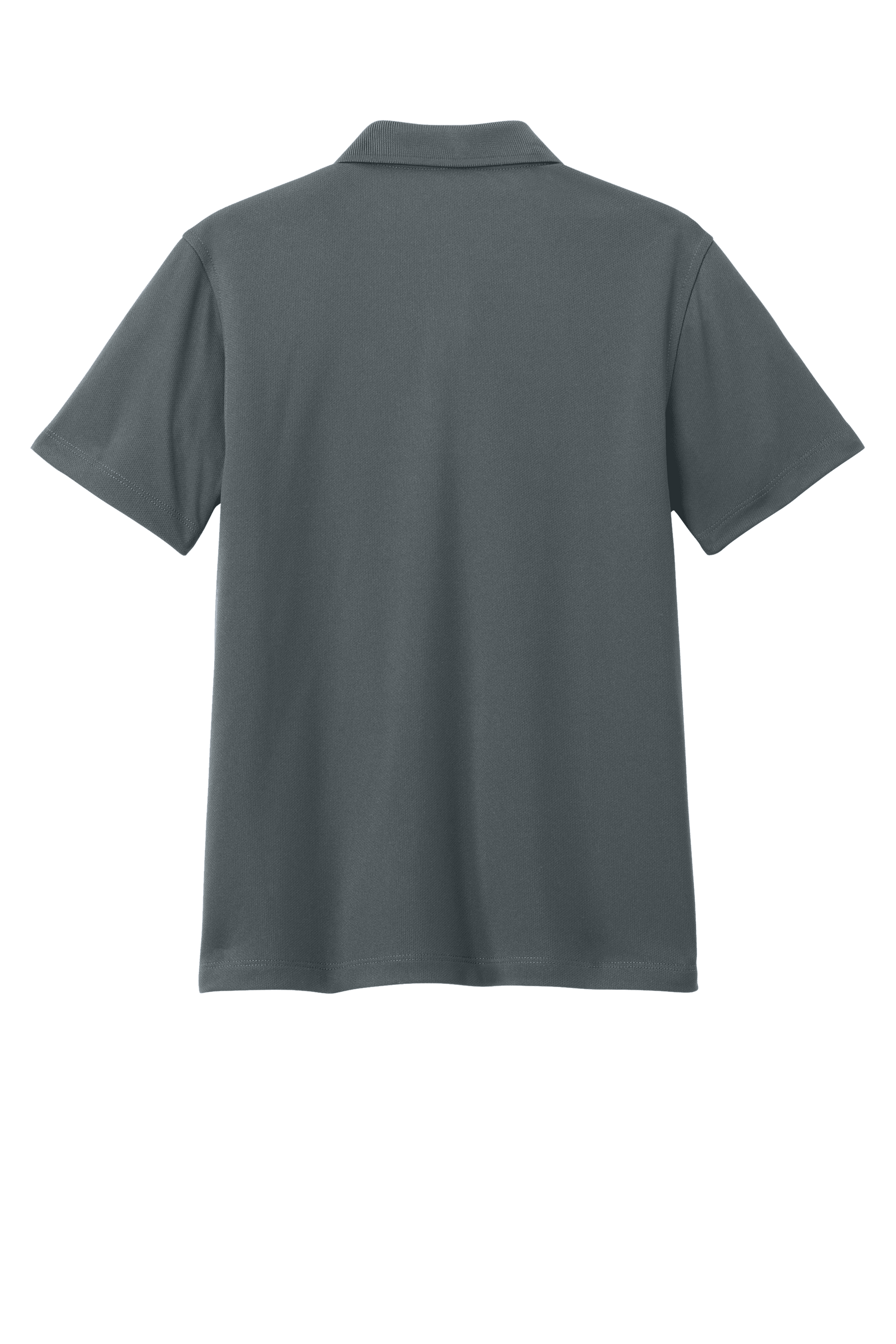 Charcoal grey kids' polo shirt by Port Authority with printed design, shown from the back, customizable and available plain.