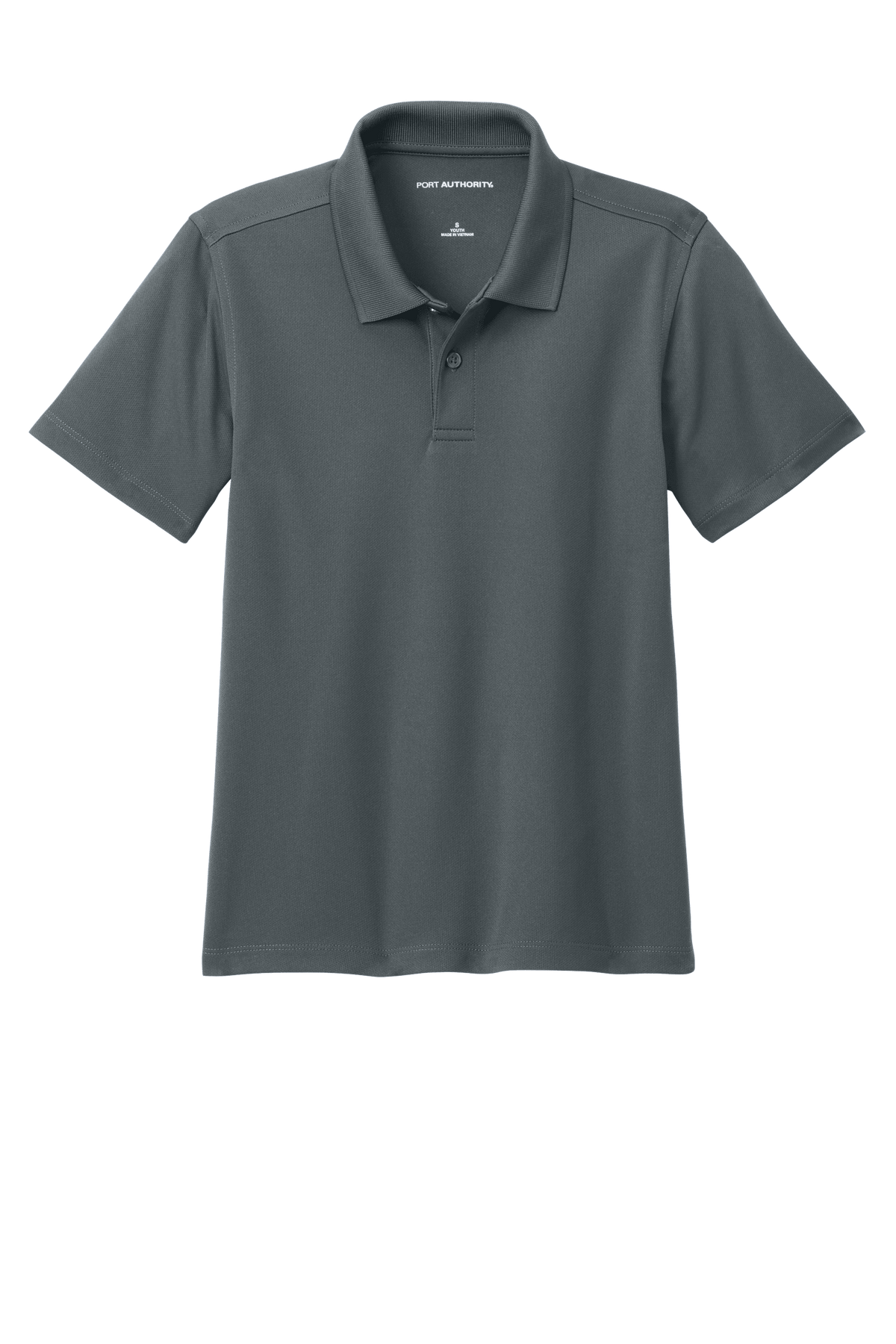 Charcoal grey youth kids' polo shirt by Port Authority with printed design, available plain or customizable.